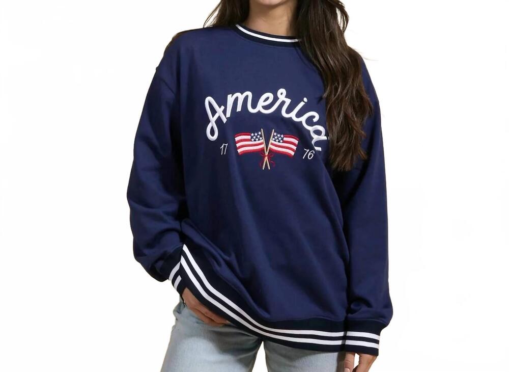 NEW THE DARLING EFFECT classic oversized america crewneck sweatshirt in navy